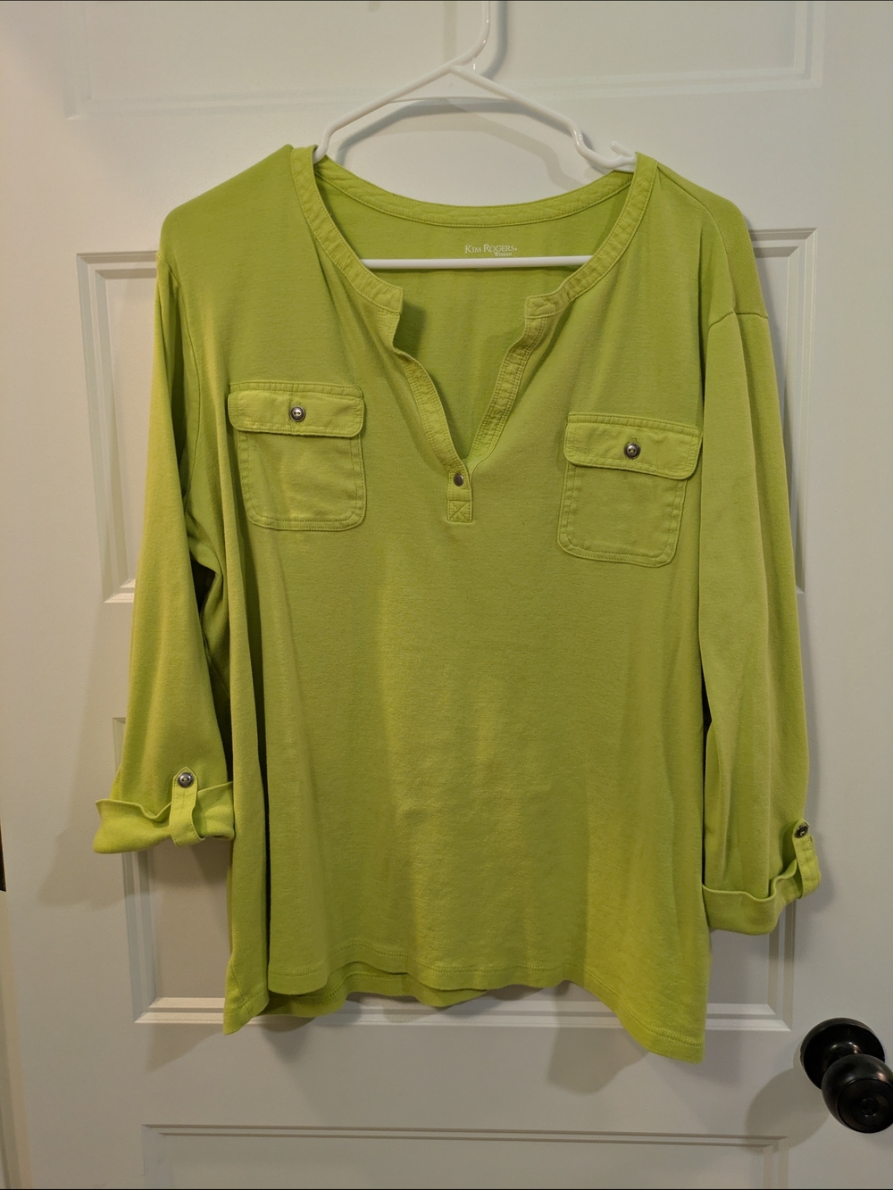 Kim Rogers Lime Green Roll-Tab Henley with Front Pockets